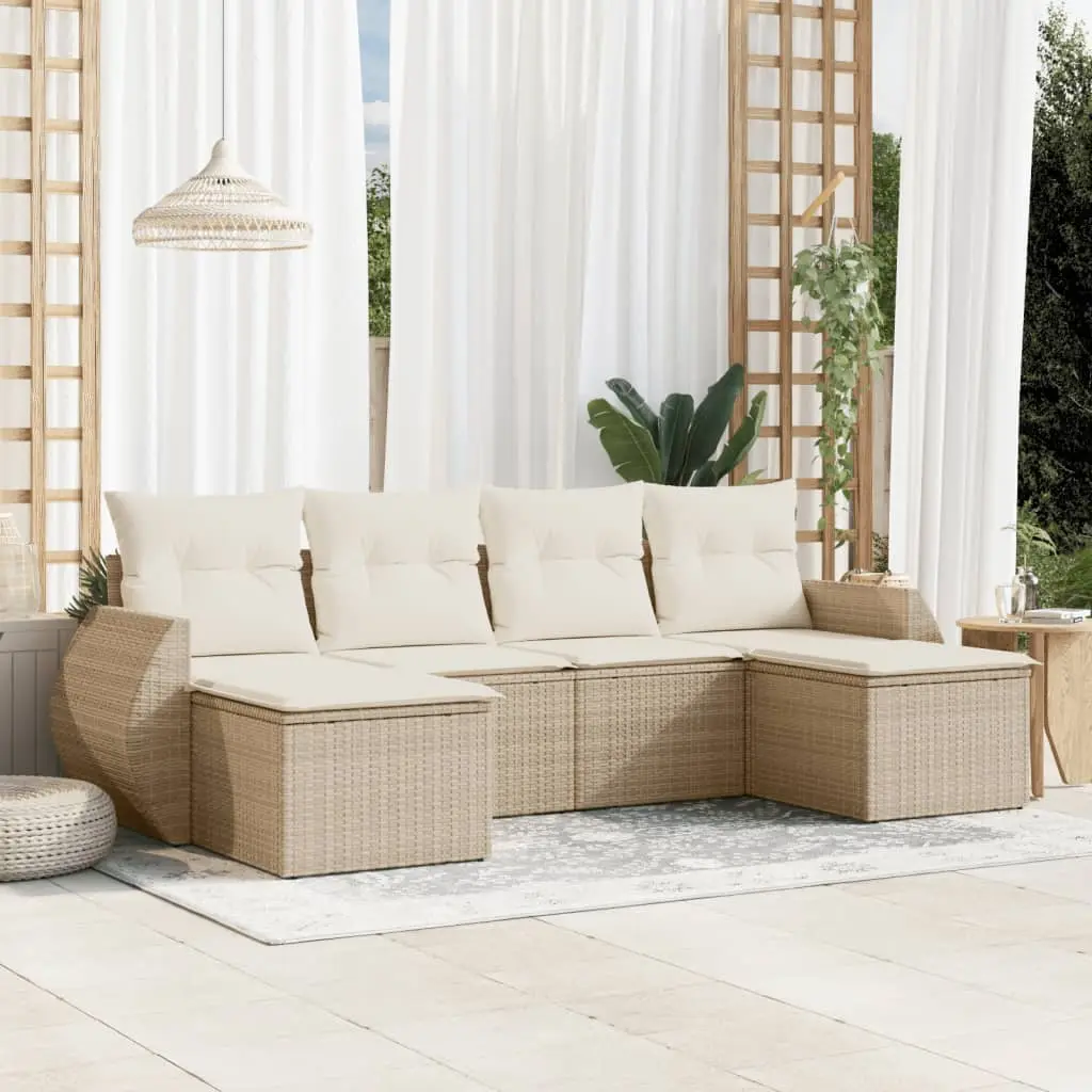 Ensemble de jardin 6 places avec coffres de rangement et 2 poufs modulable résine tressée Beige et Blanc Crème – ComfortXL Outdoor Living