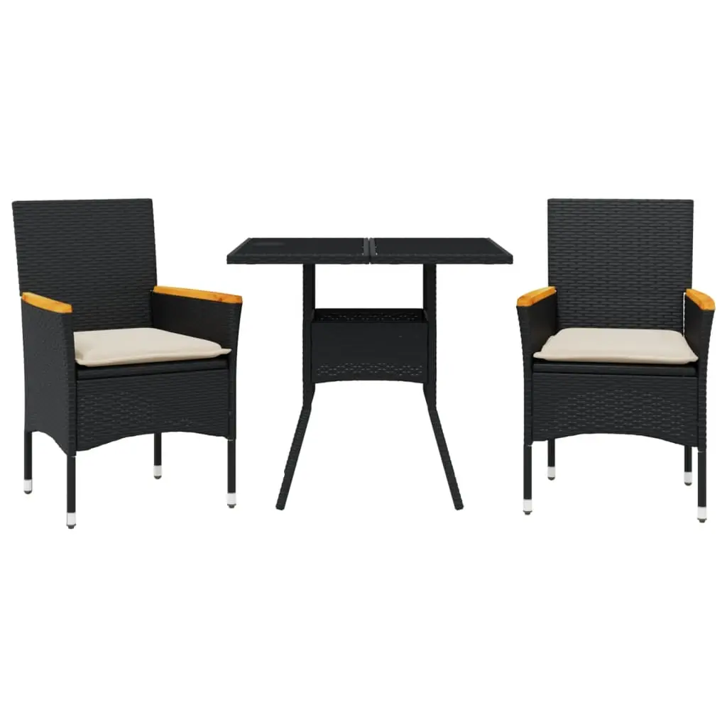 Ensemble de 3 pcs table de jardin et chaises avec coussins – mobilier de jardin noir rotin verre-JU2698