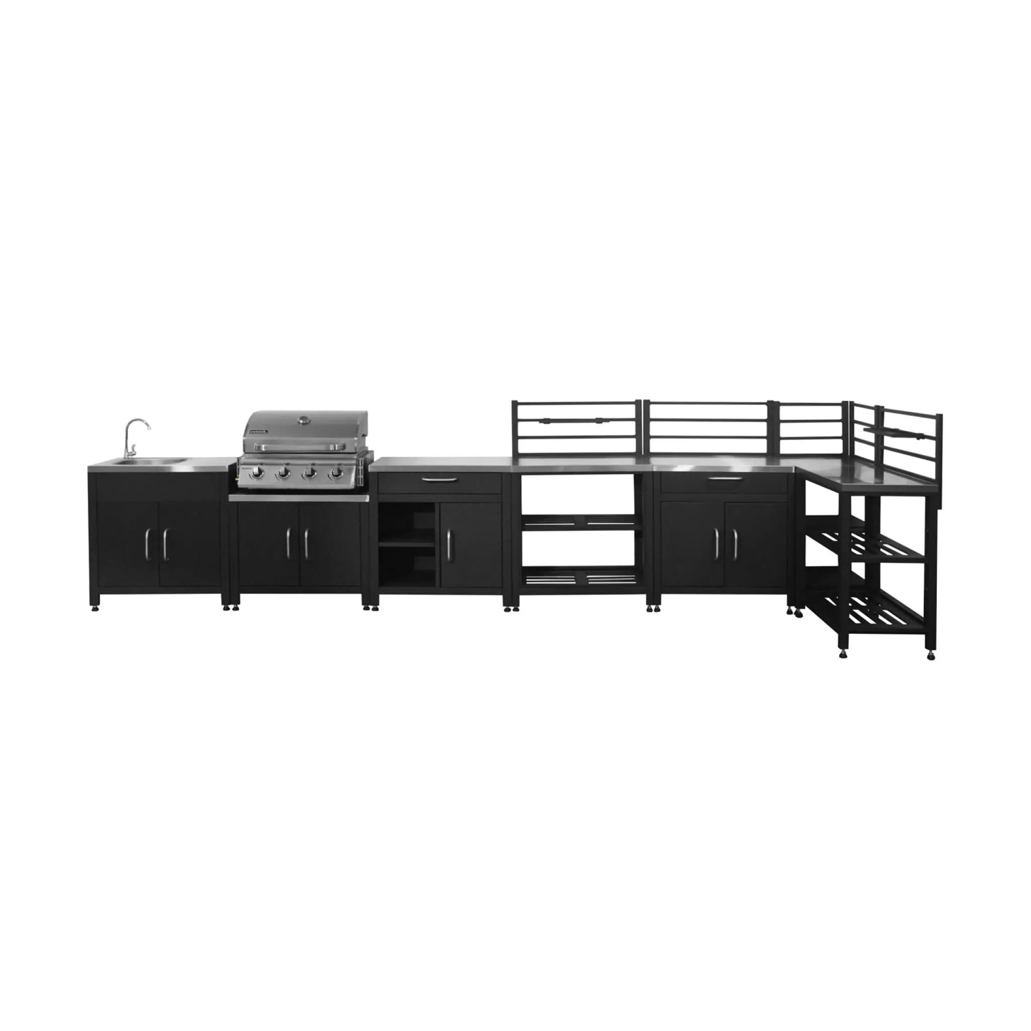 Ensemble de meubles de cuisine extérieure en acier inoxydable 7 modules avec barbecue au gaz 4 brûleurs | sweeek Argenté