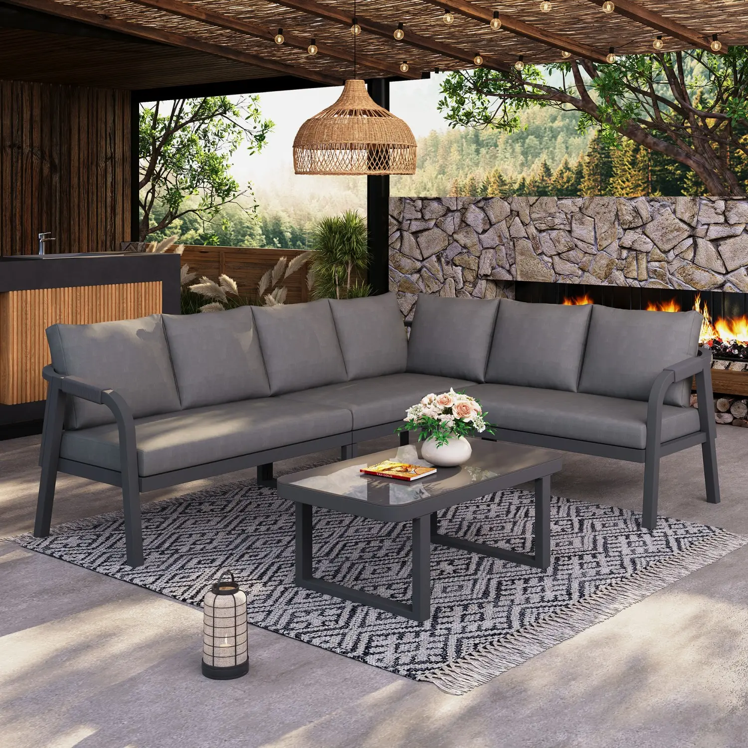Ensemble de mobilier de jardin, accoudoirs et dossier tressés, en tubes d’acier galvanisé,gris