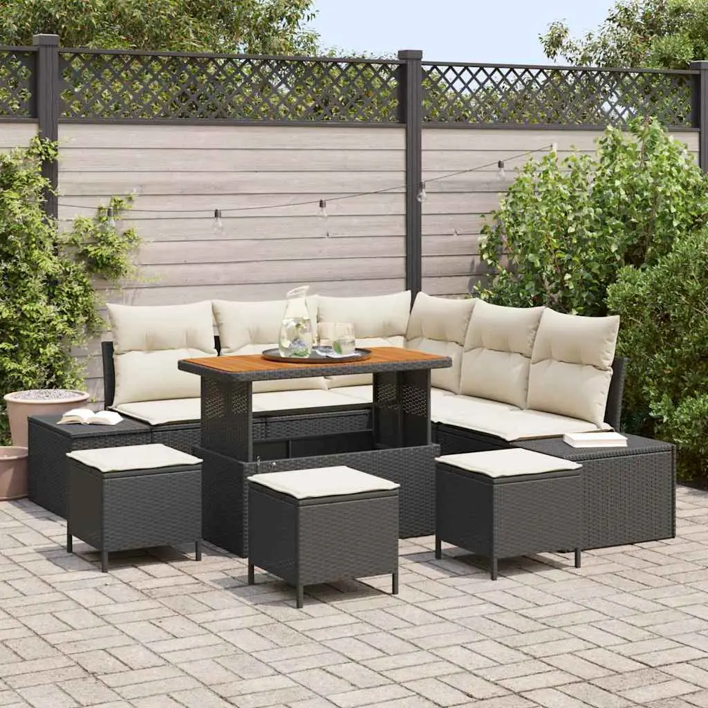 Ensemble de jardin 8 pcs en résine tressée avec 3 poufs et rangement Noir – ComfortXL Outdoor Living
