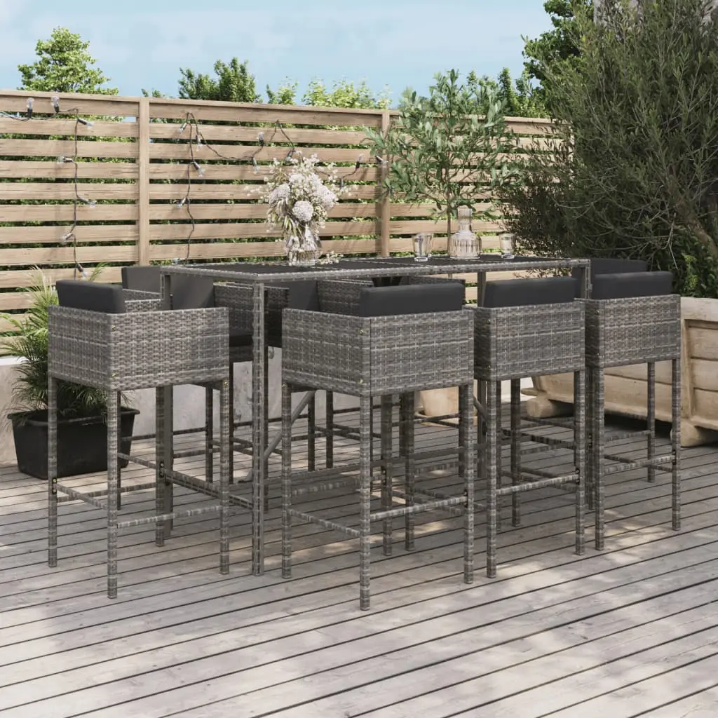 Ensemble de Bar 9 pcs Résine Tressée avec Coussins pour Jardin Terrasse Gris – ComfortXL Outdoor Living