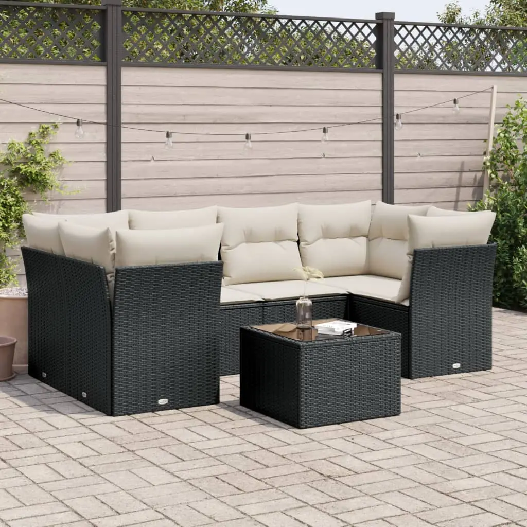 Ensemble de jardin 7 pièces en poly rotin avec rangement intégré et coussins crème Noir – ComfortXL Outdoor Living