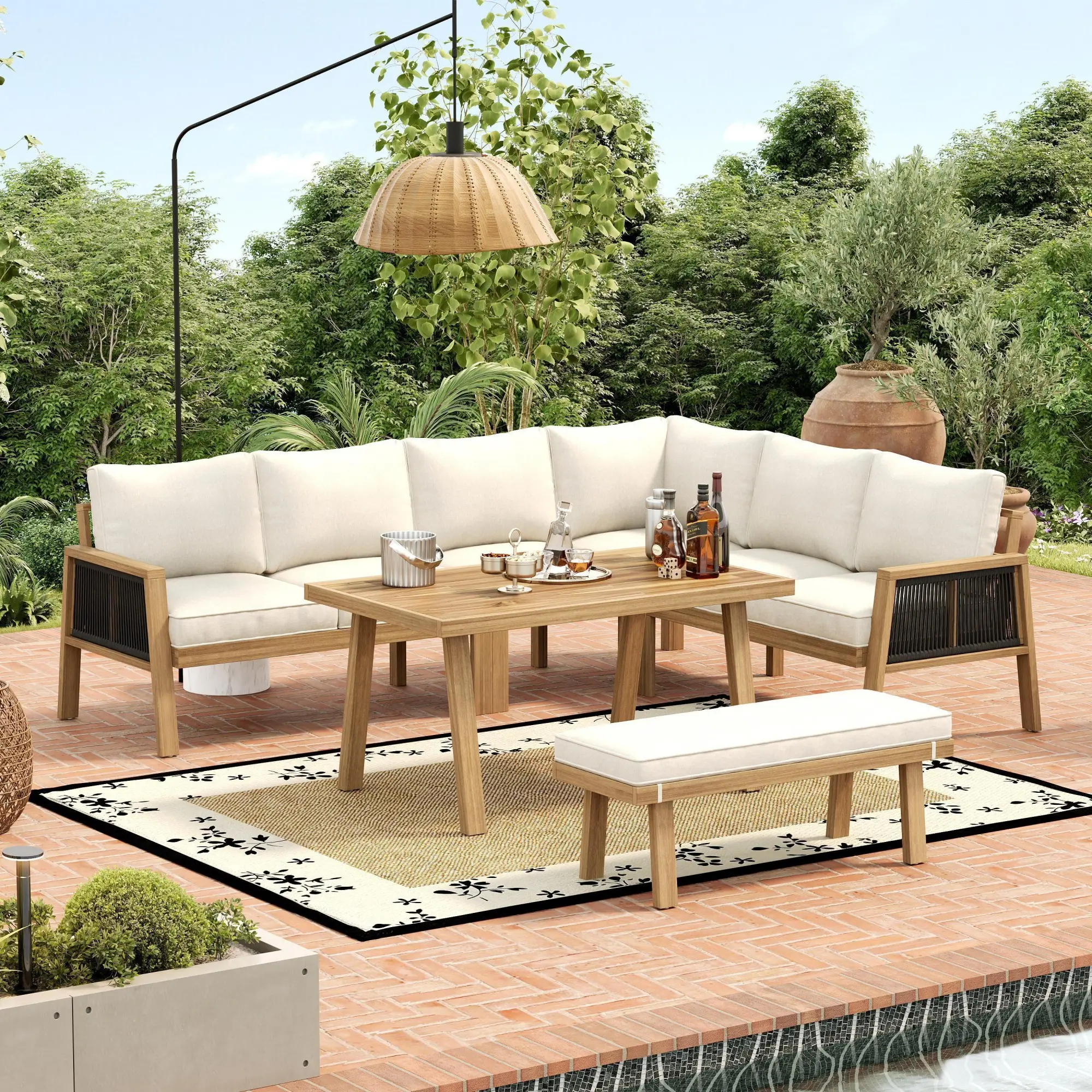 Ensemble de mobilier de jardin, structure en acacia, plateau en acacia, tressage en corde, couleur naturelle + crème