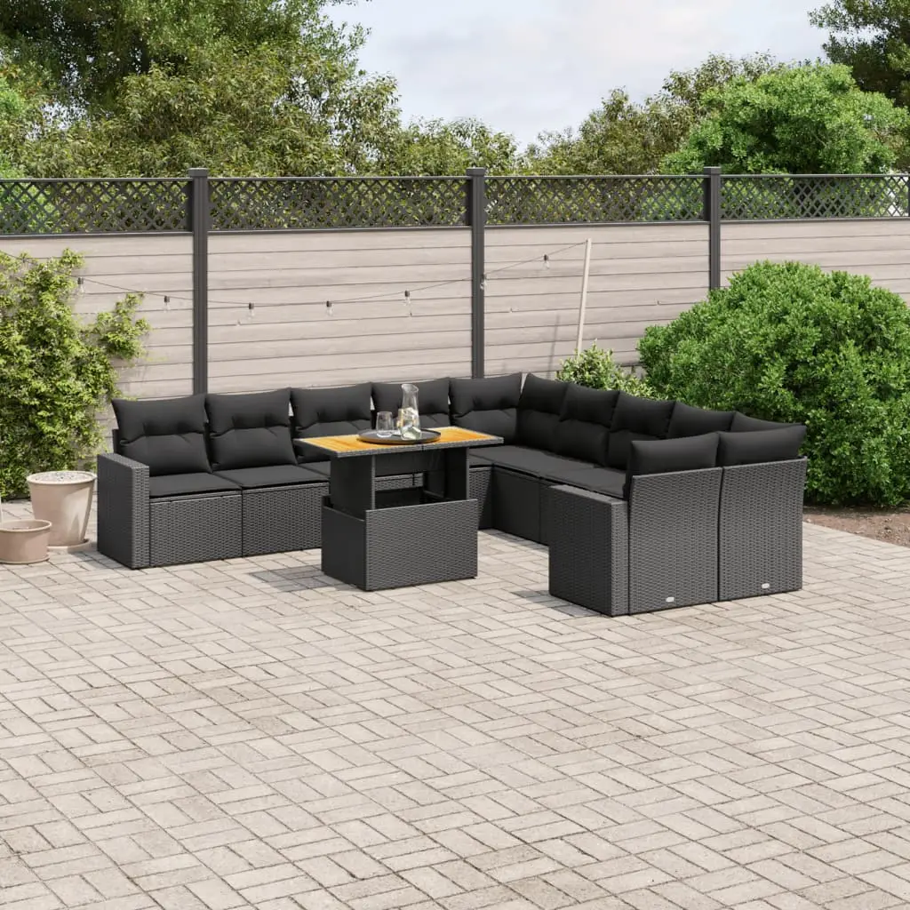 Ensemble de Jardin Repas 11 Places Résine Tressée Table Relevable Bois Acacia Noir – ComfortXL Outdoor Living
