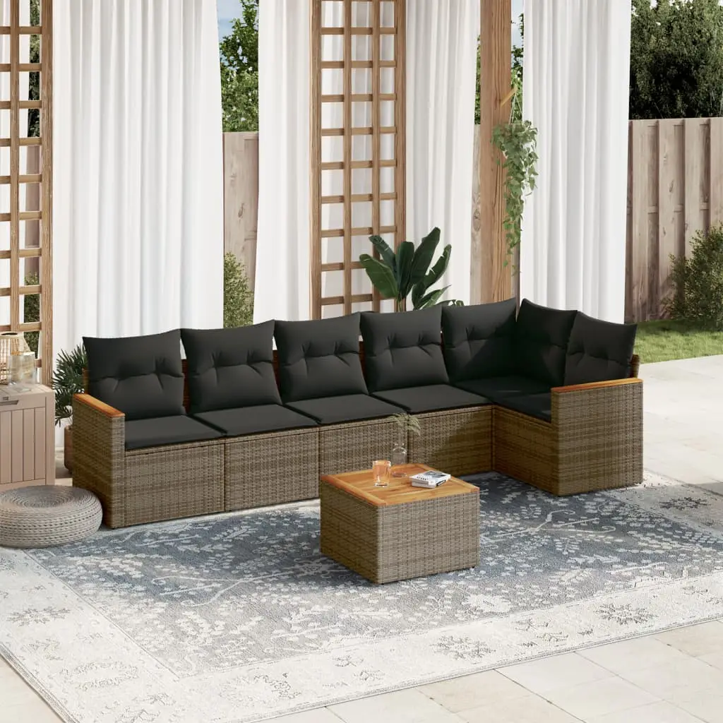 Ensemble de jardin 7 pièces résine tressée avec table basse acacia et rangement modulable Gris – ComfortXL Outdoor Living