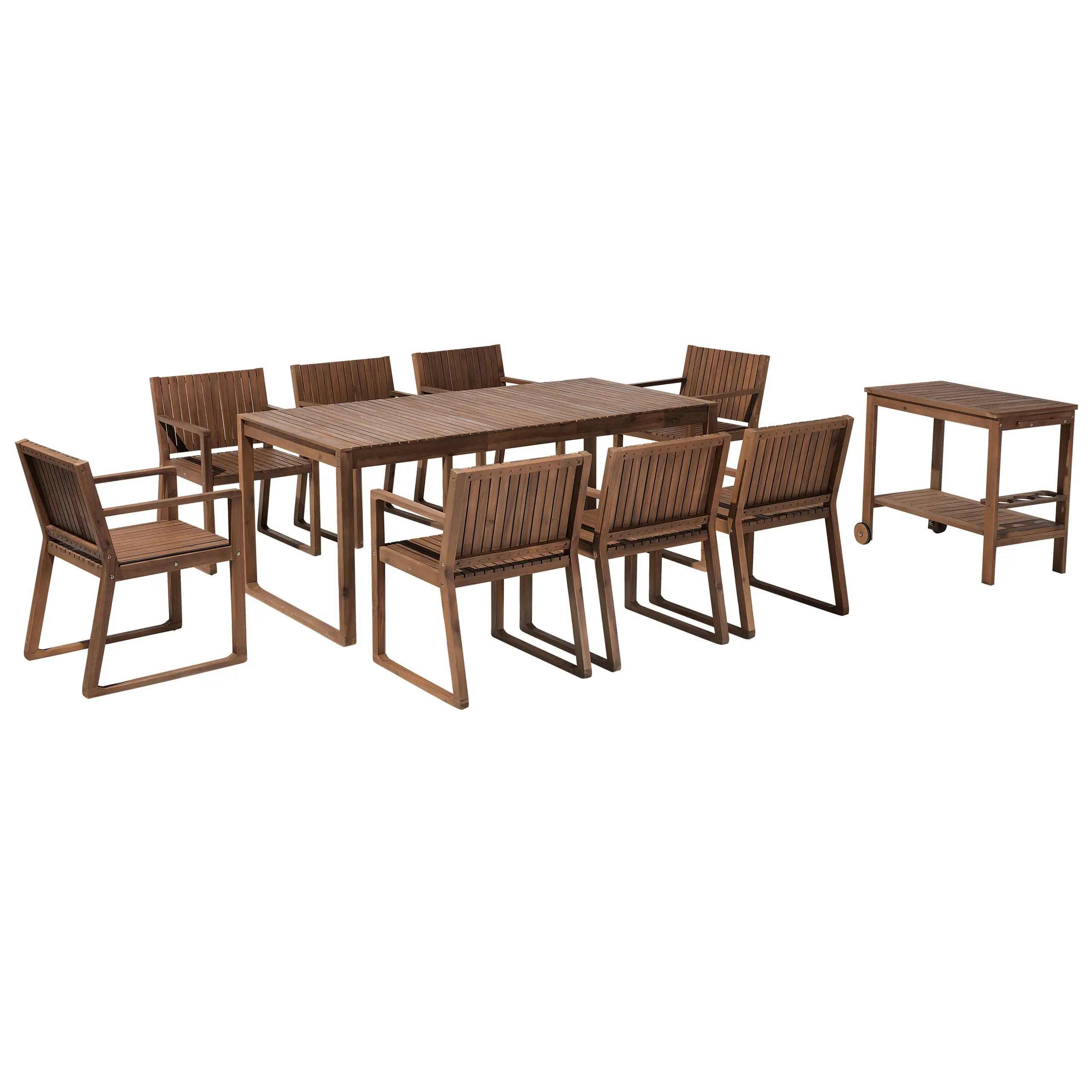 Ensemble de Jardin en Bois d’Acacia Foncé 180 x 90 cm Table et 8 Chaises avec Chariot à Roulettes Mobilier Extérieur Rustique