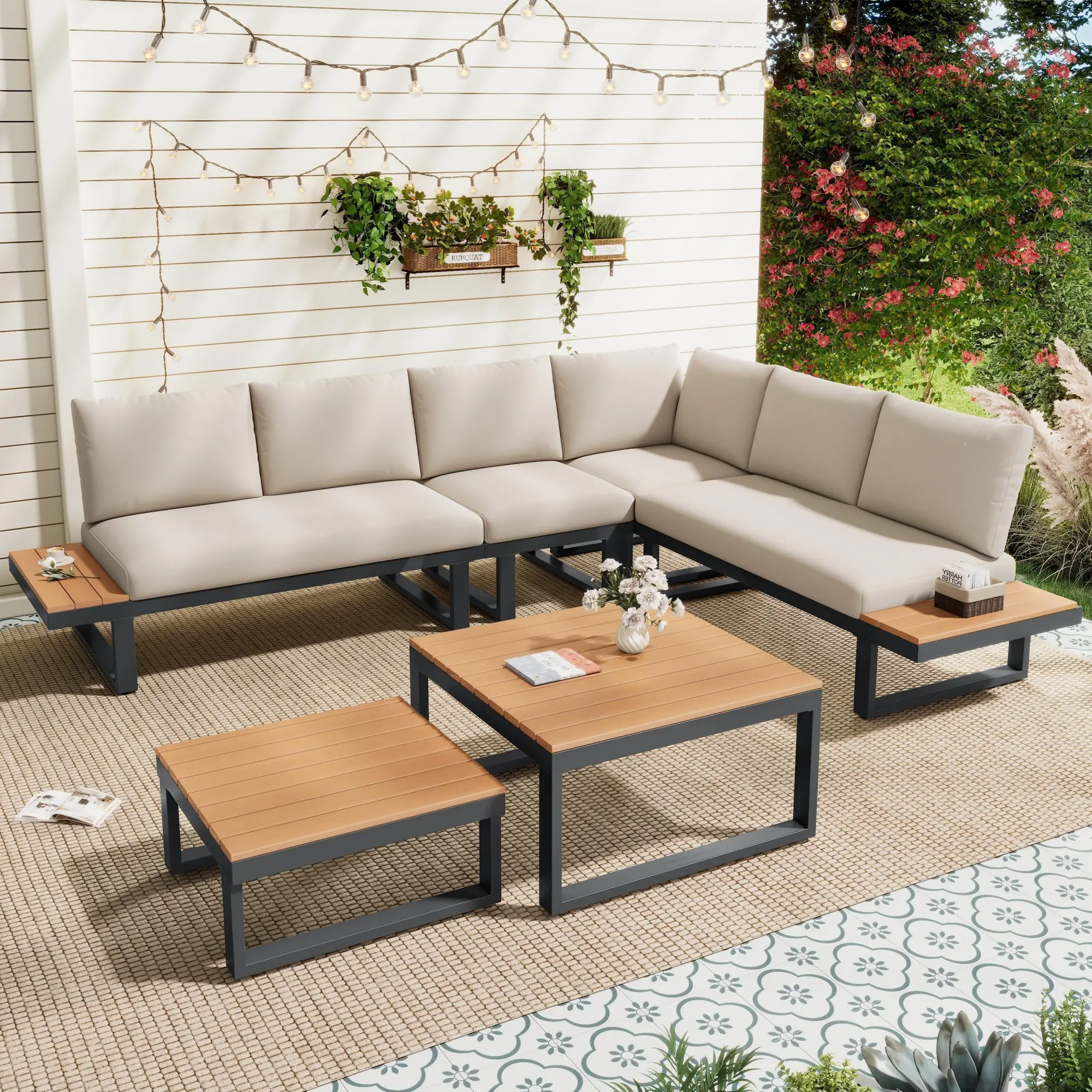 Ensemble de mobilier de jardin, avec inclinaison réglable (5 positions, jusqu’à 55°), tubes en acier galvanisé, beige + gris