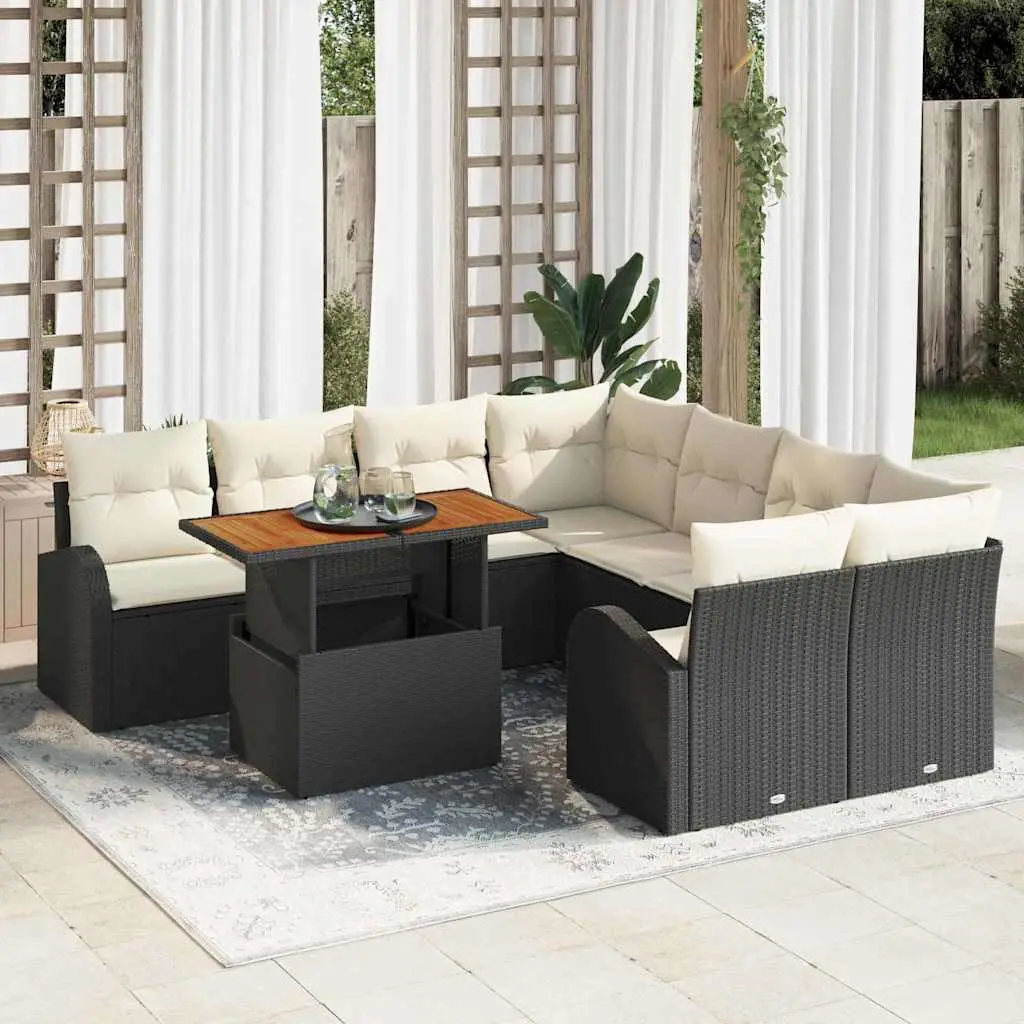 Ensemble de canapé de jardin avec coussin 9 pcs Noir et crème vidaXL 3349564