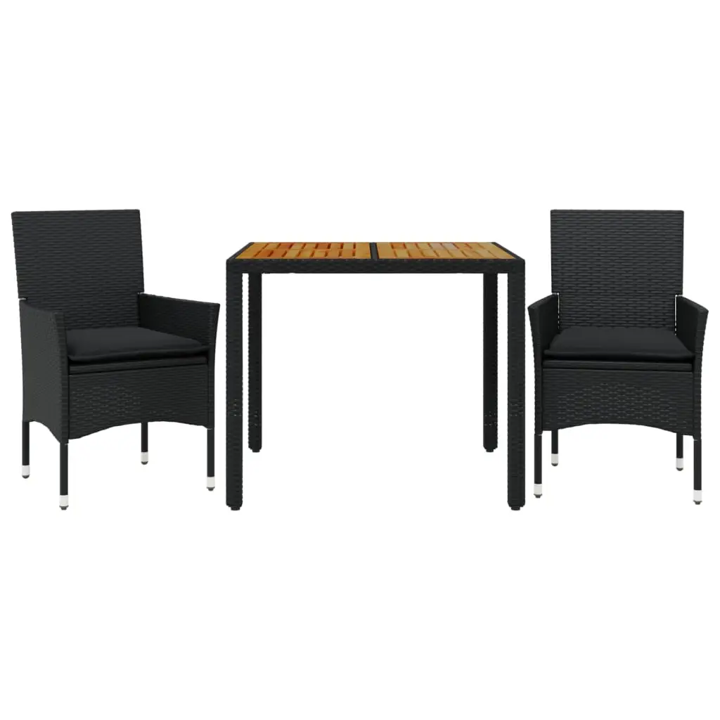 Ensemble de 3 pcs table de jardin et chaises avec coussins – mobilier de jardin noir rotin acacia-JU2583