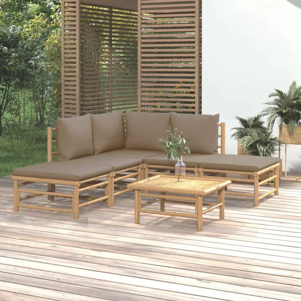 Ensemble de Jardin Modulable 6 Pièces en Bambou avec 2 Repose-pieds et Coussins Taupe – ComfortXL Outdoor Living