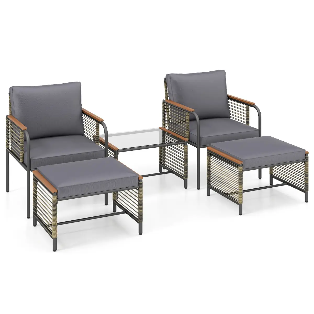 Ensemble de Mobilier de Jardin 5 Pièces Salon de Jardin en Rotin PE avec Coussins Table Basse en Verre Gris MAISON CHIC