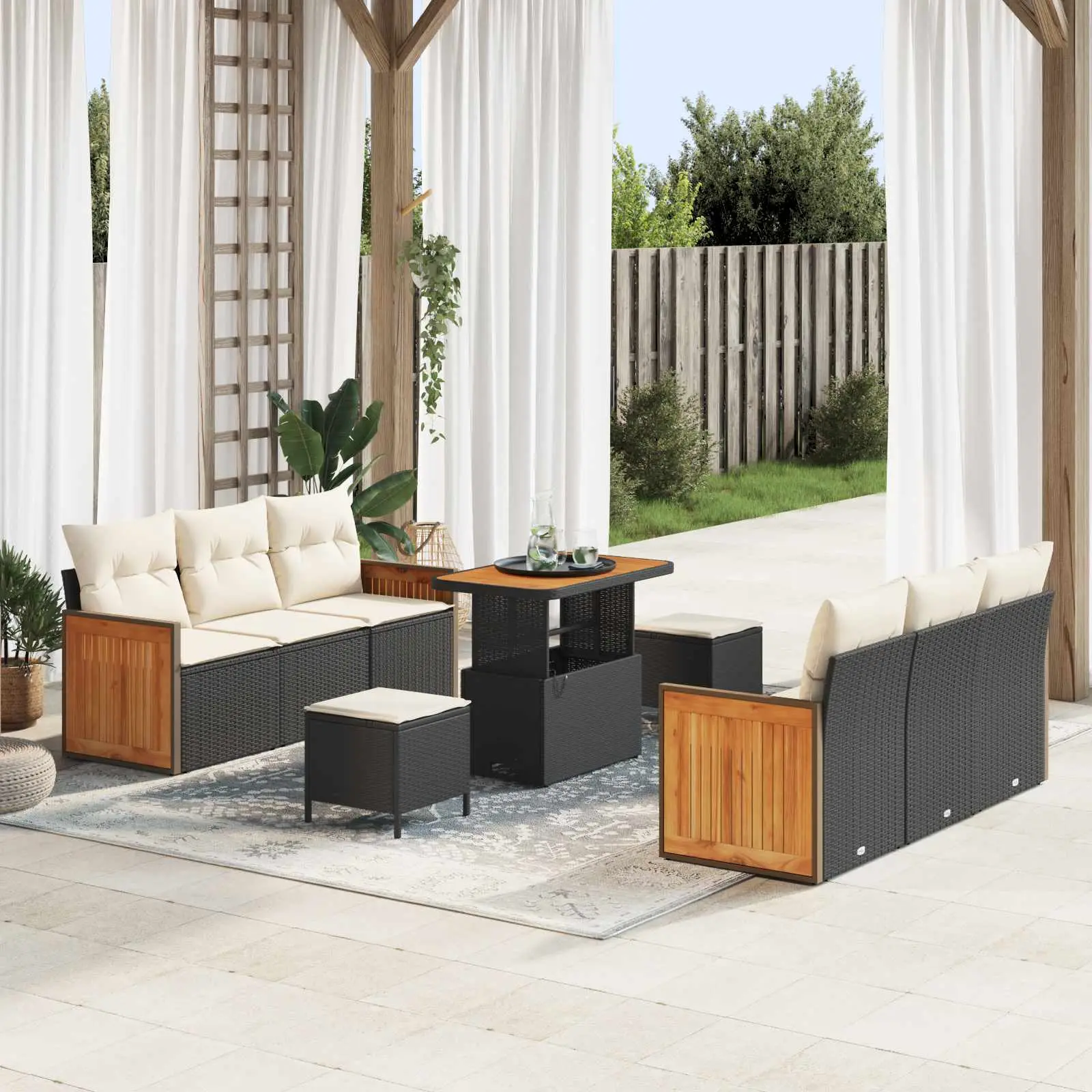 Ensemble de canapé de jardin avec coussin 9 pcs Noir et Crème vidaXL 3363130