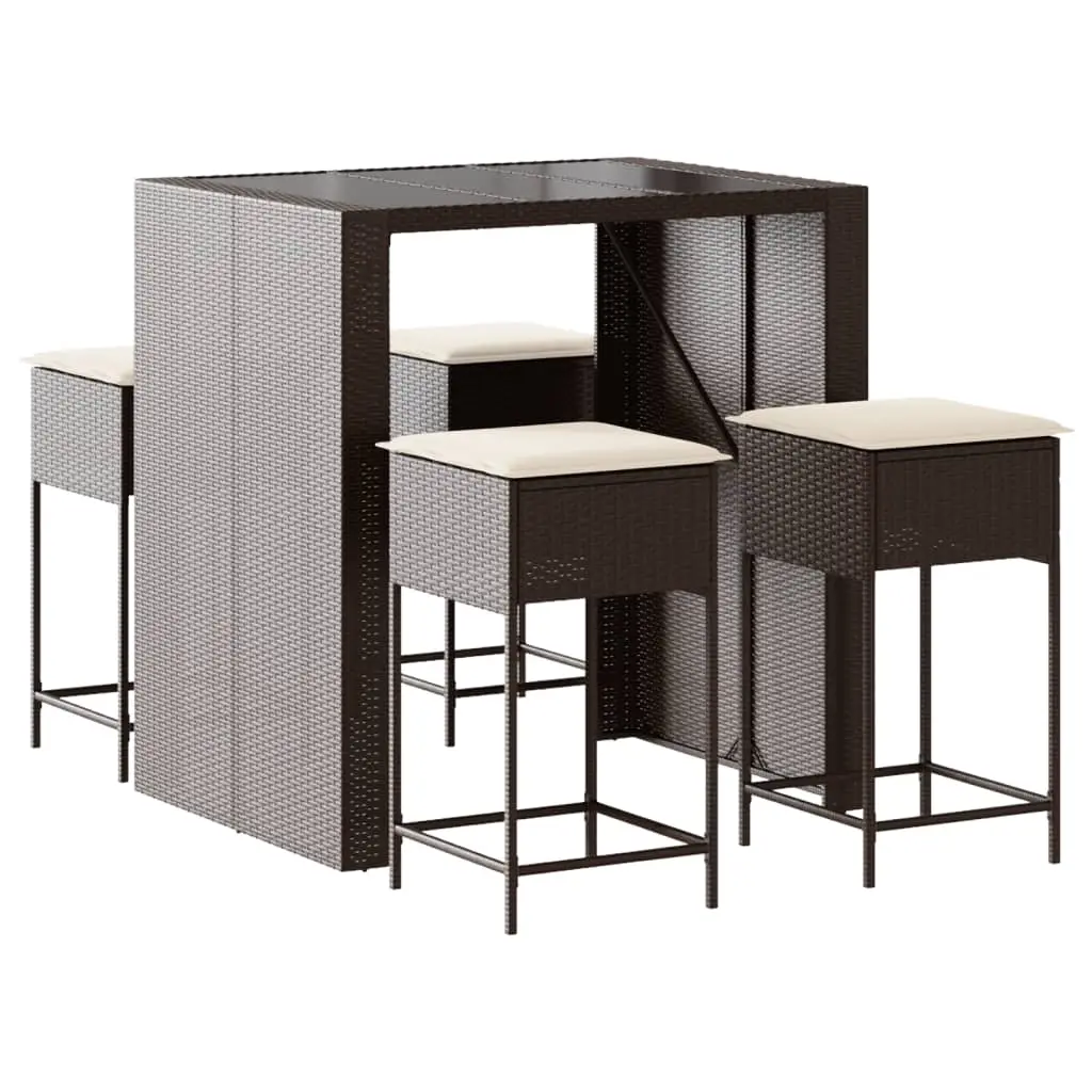 Ensemble de 5 pcs bar de jardin – Mobilier d’extérieur avec coussins marron poly rotin Brun