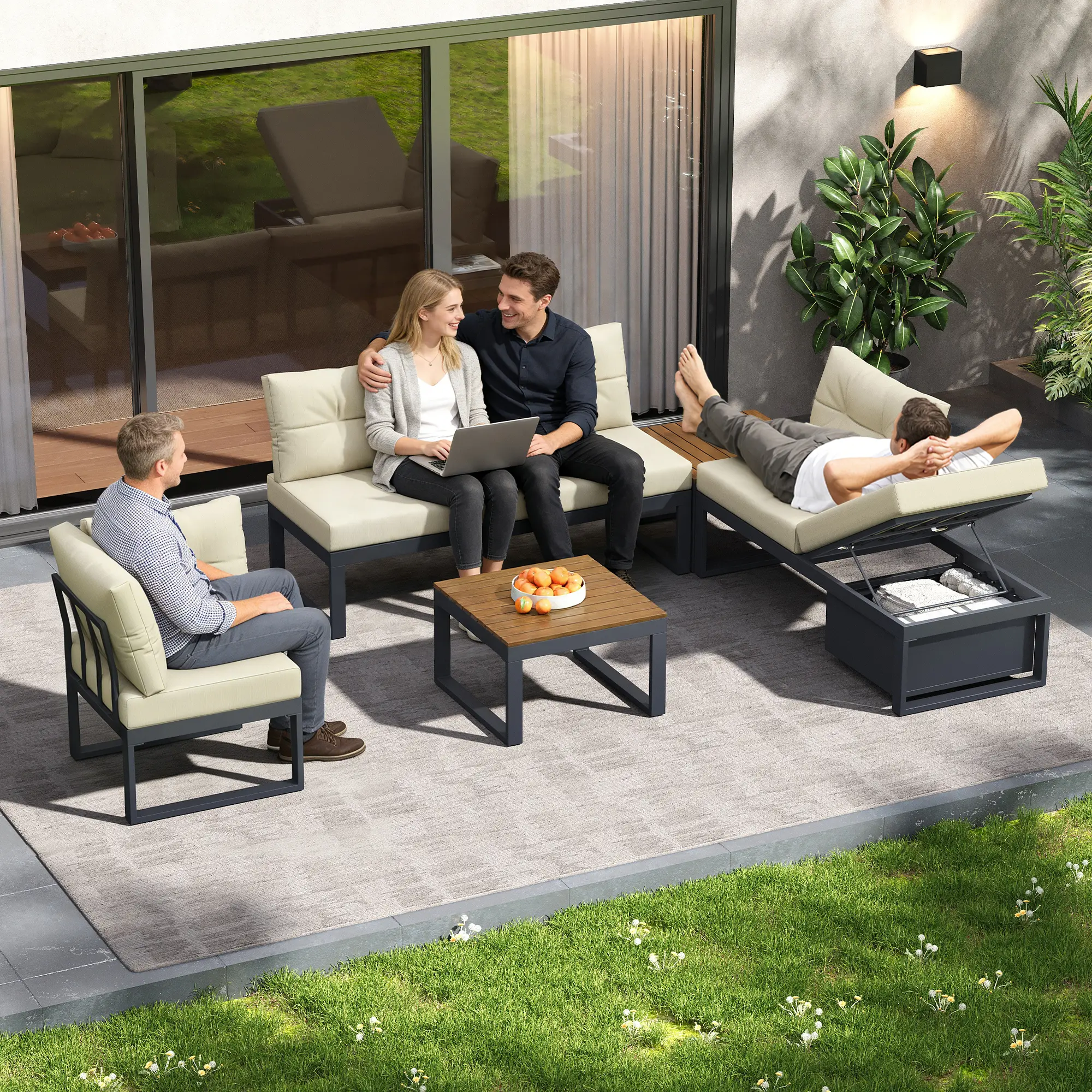 Ensemble de meubles de jardin avec dossier réglable en 4 positions et fonction inclinable, espace de rangement et tissu polyester – Beige