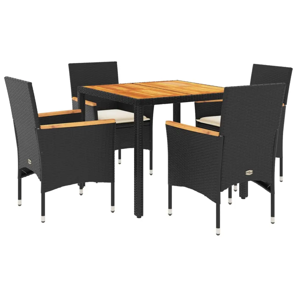 Ensemble de 5 pcs table de jardin et chaises avec coussins – mobilier de jardin noir rotin acacia-JU2586