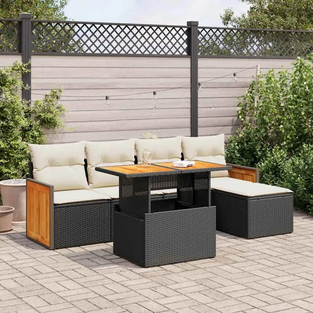 Ensemble de jardin 6 places noir en poly rotin avec rangement repose-pied et coussins blancs – ComfortXL Outdoor Living
