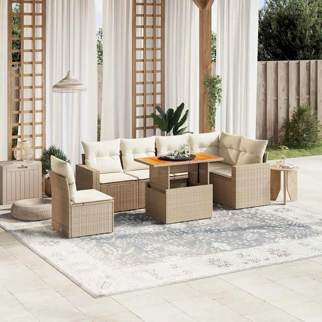 Ensemble de jardin 7 places en poly rotin avec table convertible Beige – ComfortXL Outdoor Living