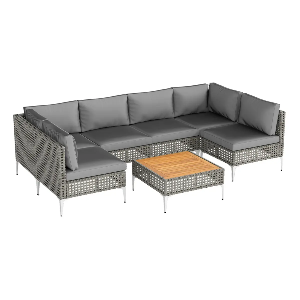 Ensemble de Meubles de Jardin 7 Pièces Canapé Sectionnel en Osier avec Coussins et Table Basse en Bois d’Acacia Gris MAISON CHIC