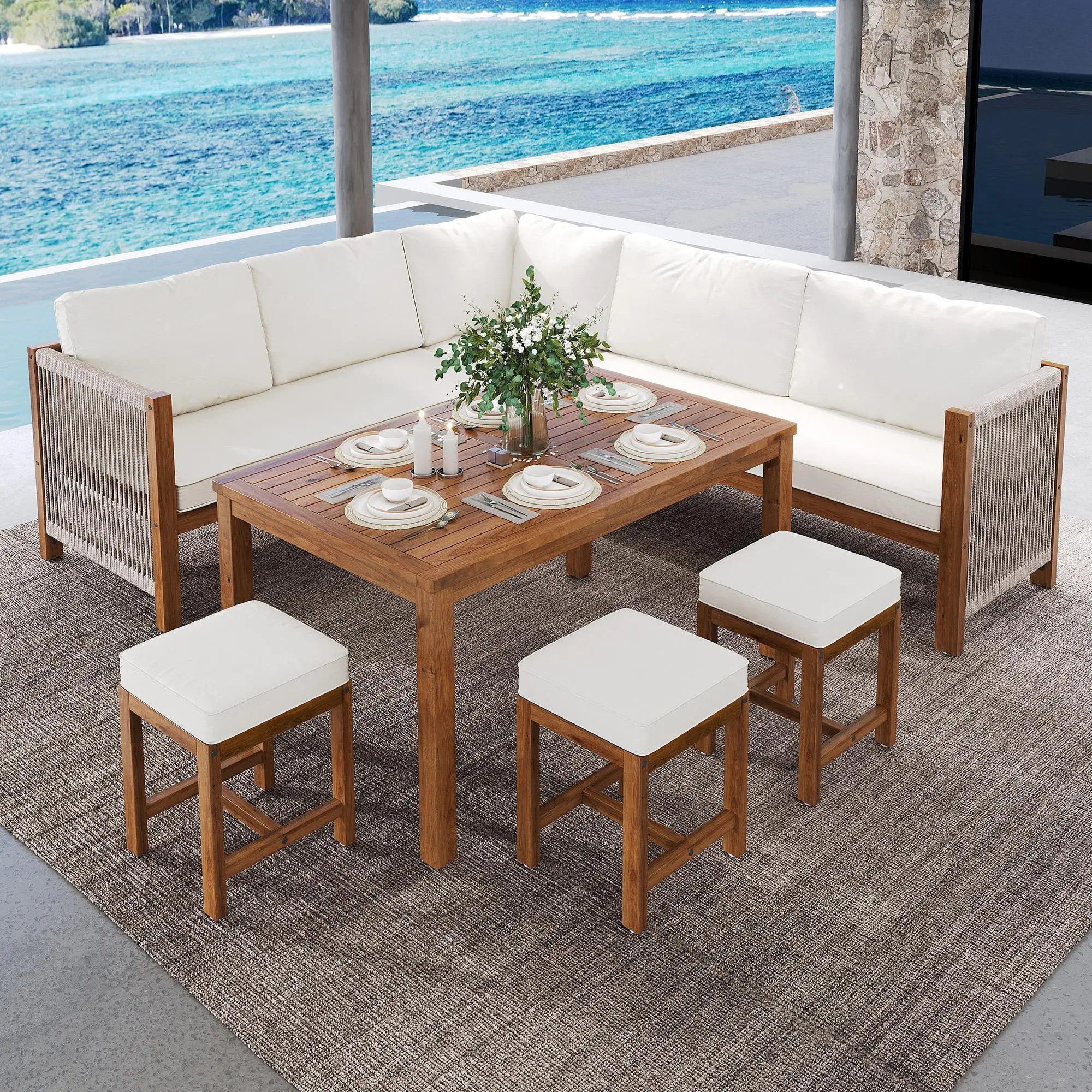 Ensemble de jardin d’extérieur, comprenant des coussins, en rotin synthétique et bois d’acacia, couleur beige et bois naturel