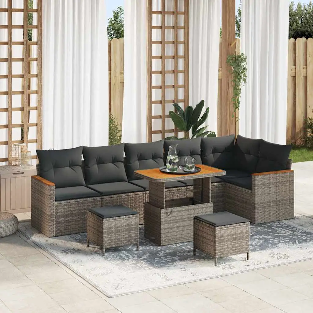 Ensemble de jardin 9 pièces en poly rotin et bois pour 8 personnes Gris – ComfortXL Outdoor Living