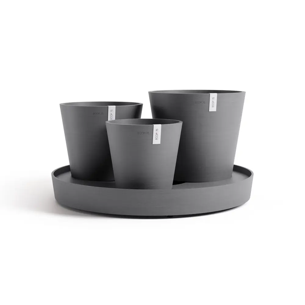 Ensemble de 3 pots Dubai Gris – Ø 57 x H. 30 cm – support à roulettes ECOPOTS