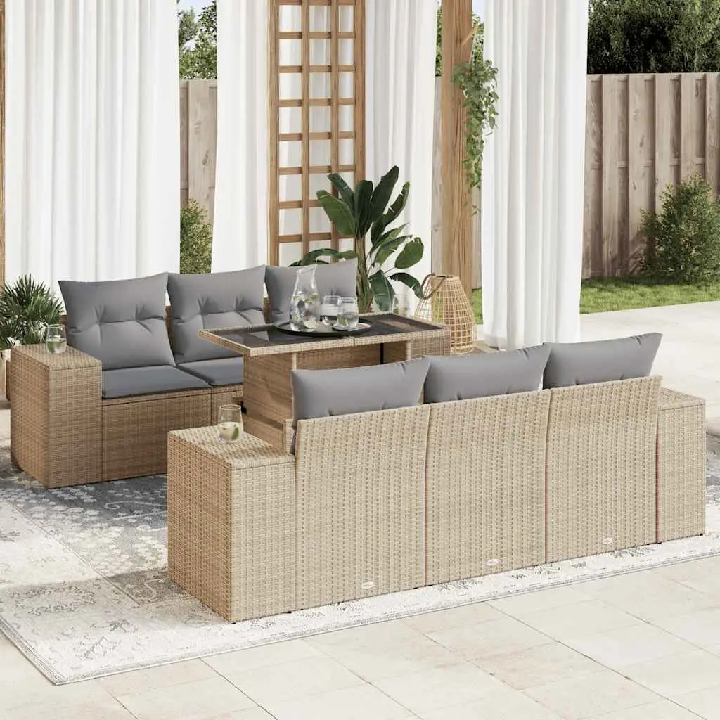 Ensemble de jardin 7 places résine tressée avec coffre de rangement et table ajustable beige – ComfortXL Outdoor Living