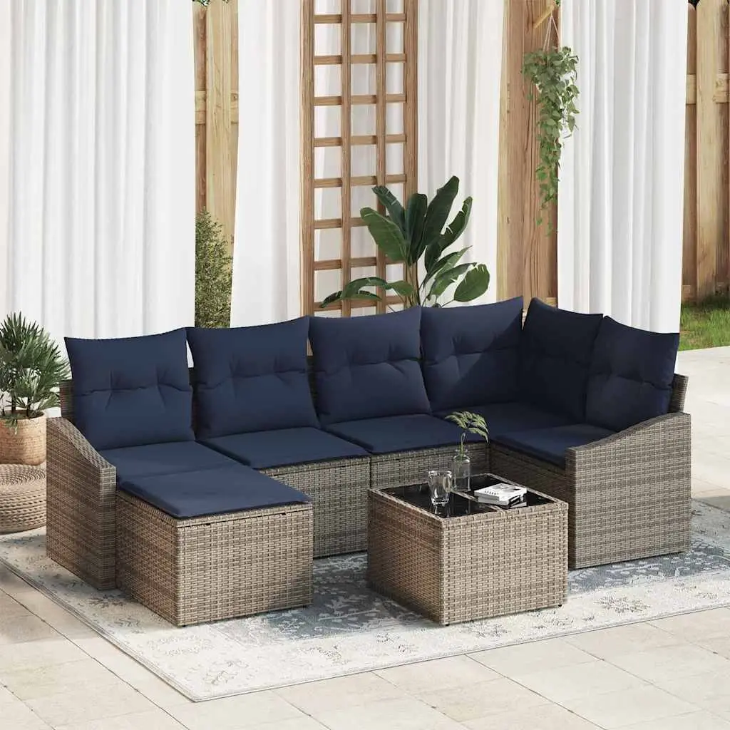 Ensemble de Canapés avec coussin 7 pcs Gris et marine polyrotin vidaXL 3355474