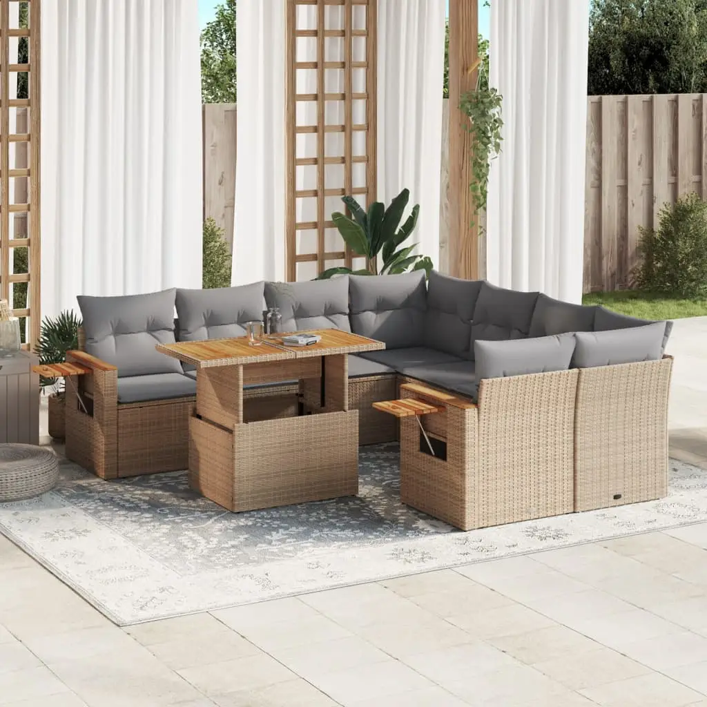 Ensemble de jardin 9 places Beige Résine Tressée Table Relevable et Tablettes – ComfortXL Outdoor Living