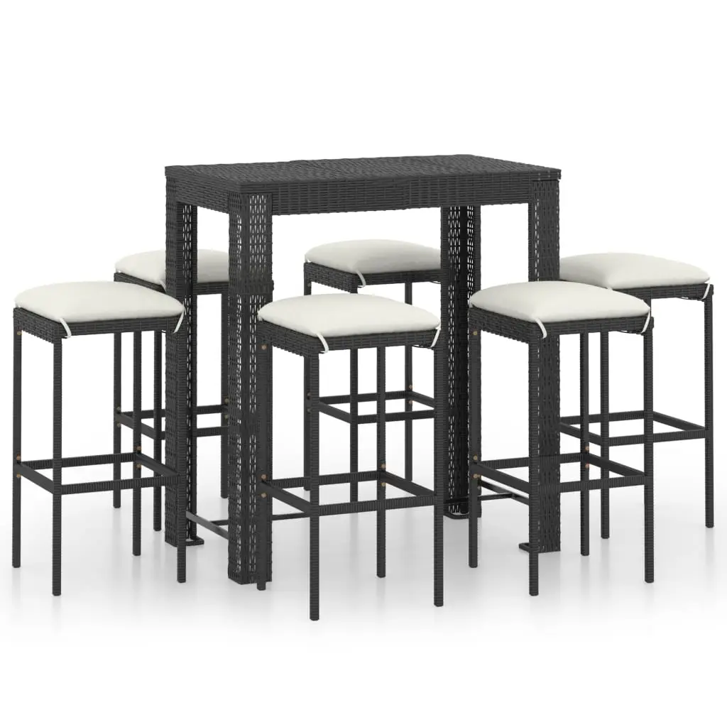 Ensemble de bar de jardin 7 pièces et coussins résine tressée noir