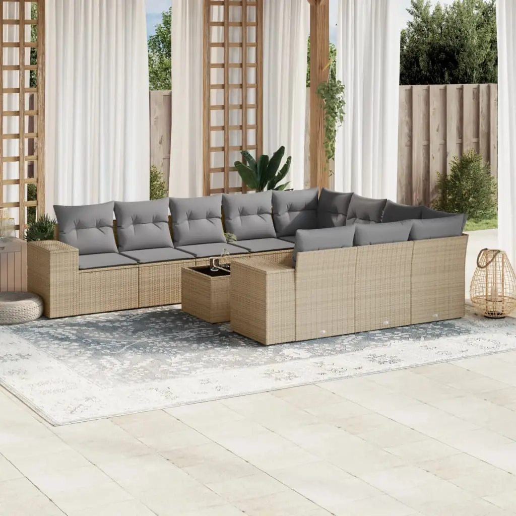 Ensemble de jardin sectionnel 11 pièces en résine tressée pour grande terrasse Beige et coussins gris clair – ComfortXL Outdoor Living
