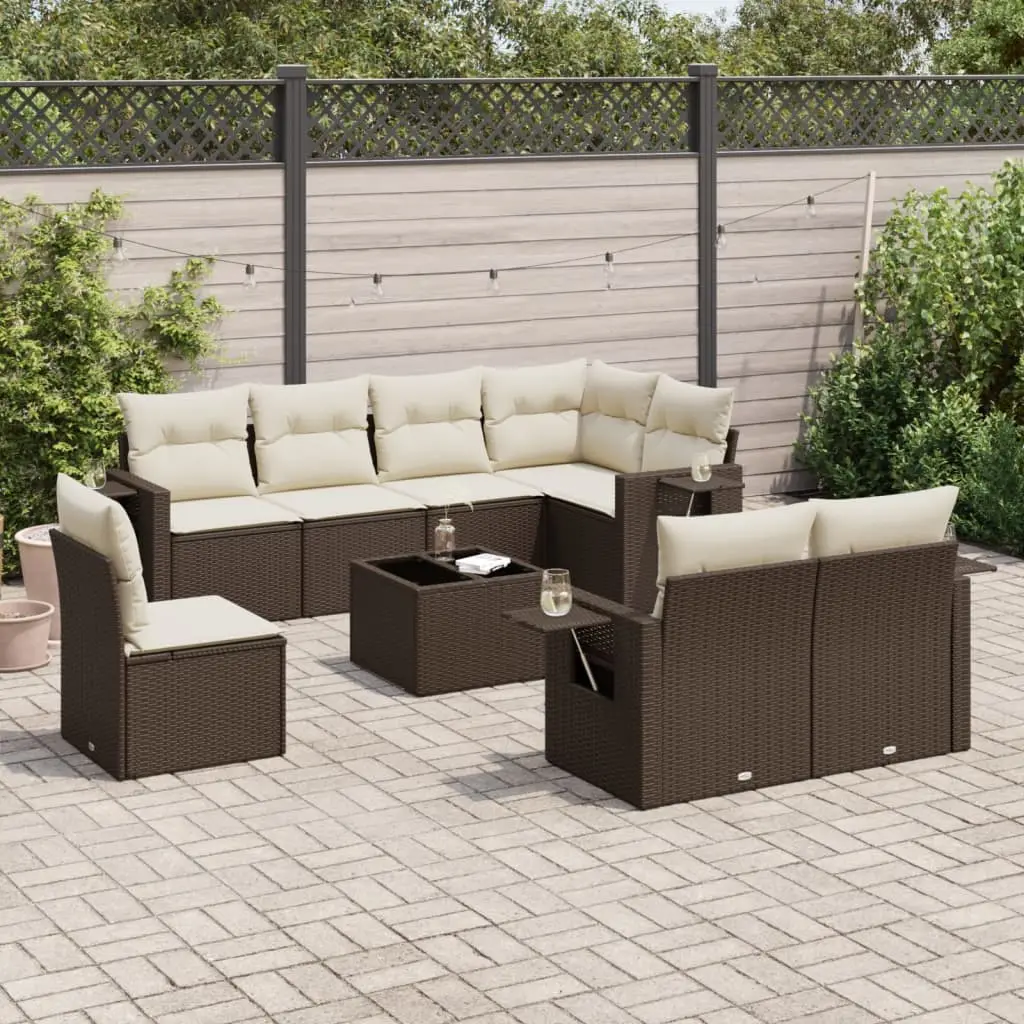 Ensemble de jardin d’angle 9 pièces modulable en résine tressée avec table basse et rangement Marron – ComfortXL Outdoor Living