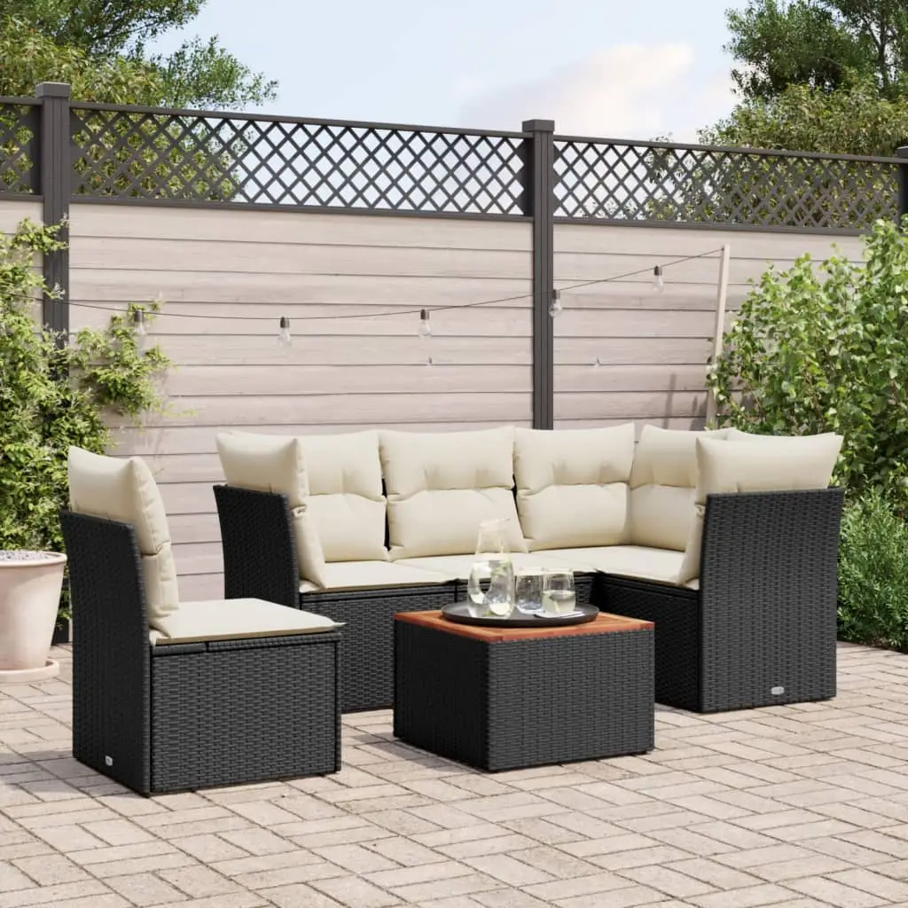 Ensemble de jardin 6 pièces en résine tressée avec rangement et table bois pour extérieur Noir – ComfortXL Outdoor Living