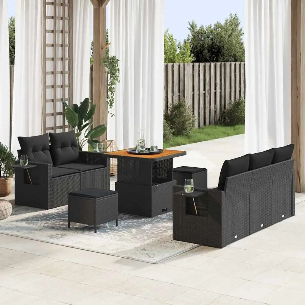 Ensemble de jardin 7 places Polyrotin et Bois d’Acacia avec Tabourets pour Terrasse et Balcon Noir – ComfortXL Outdoor Living