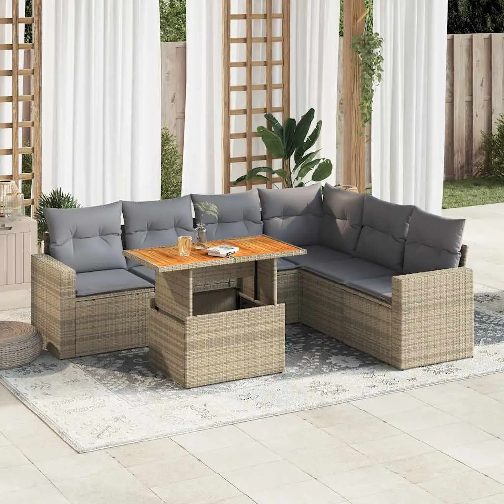Ensemble de jardin 7 pcs résine tressée beige table réglable en hauteur et coussins déhoussables – ComfortXL Outdoor Living