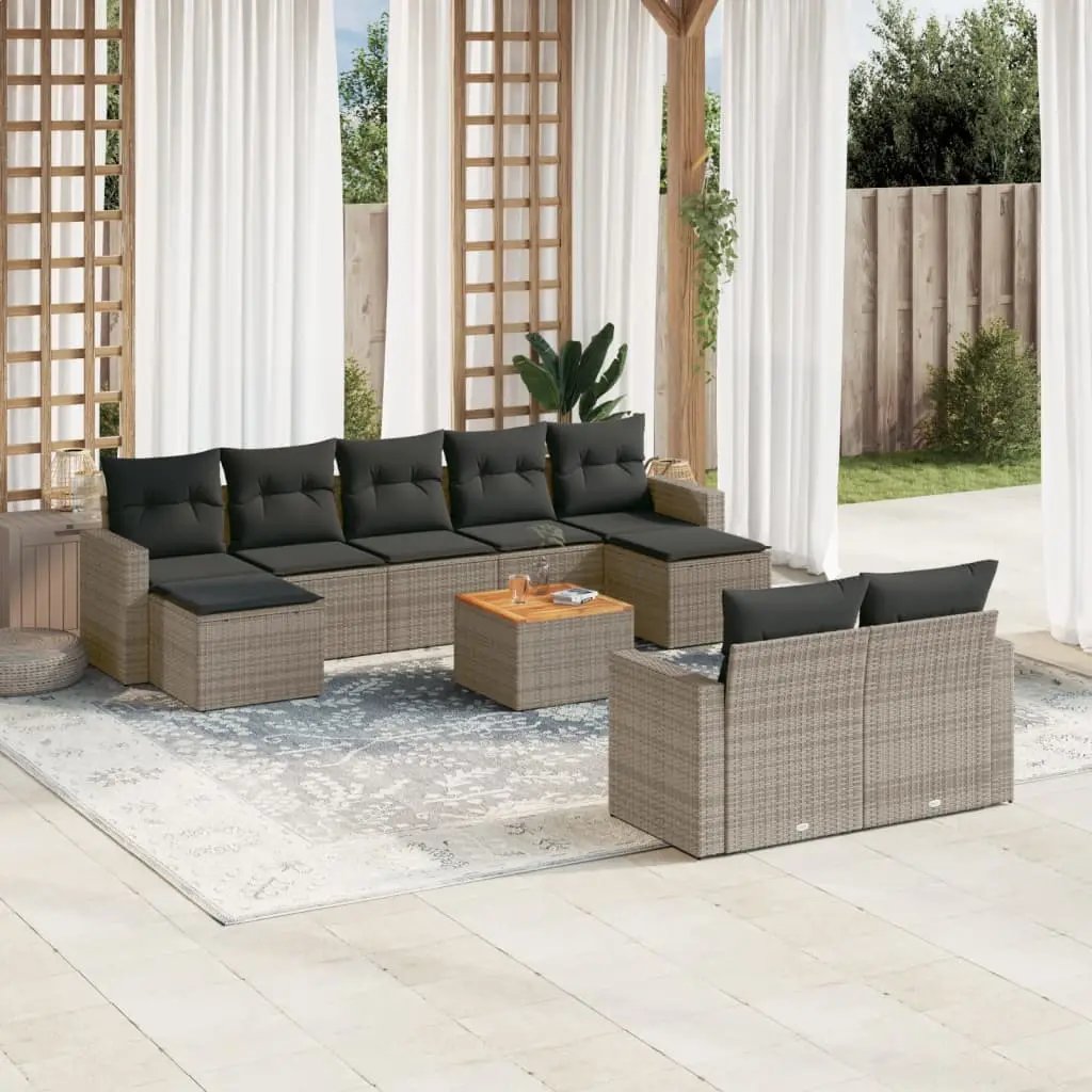 Ensemble Canapés de Jardin 10 Pièces Résine Tressée avec 2 Poufs Table Bois Rangement Gris – ComfortXL Outdoor Living