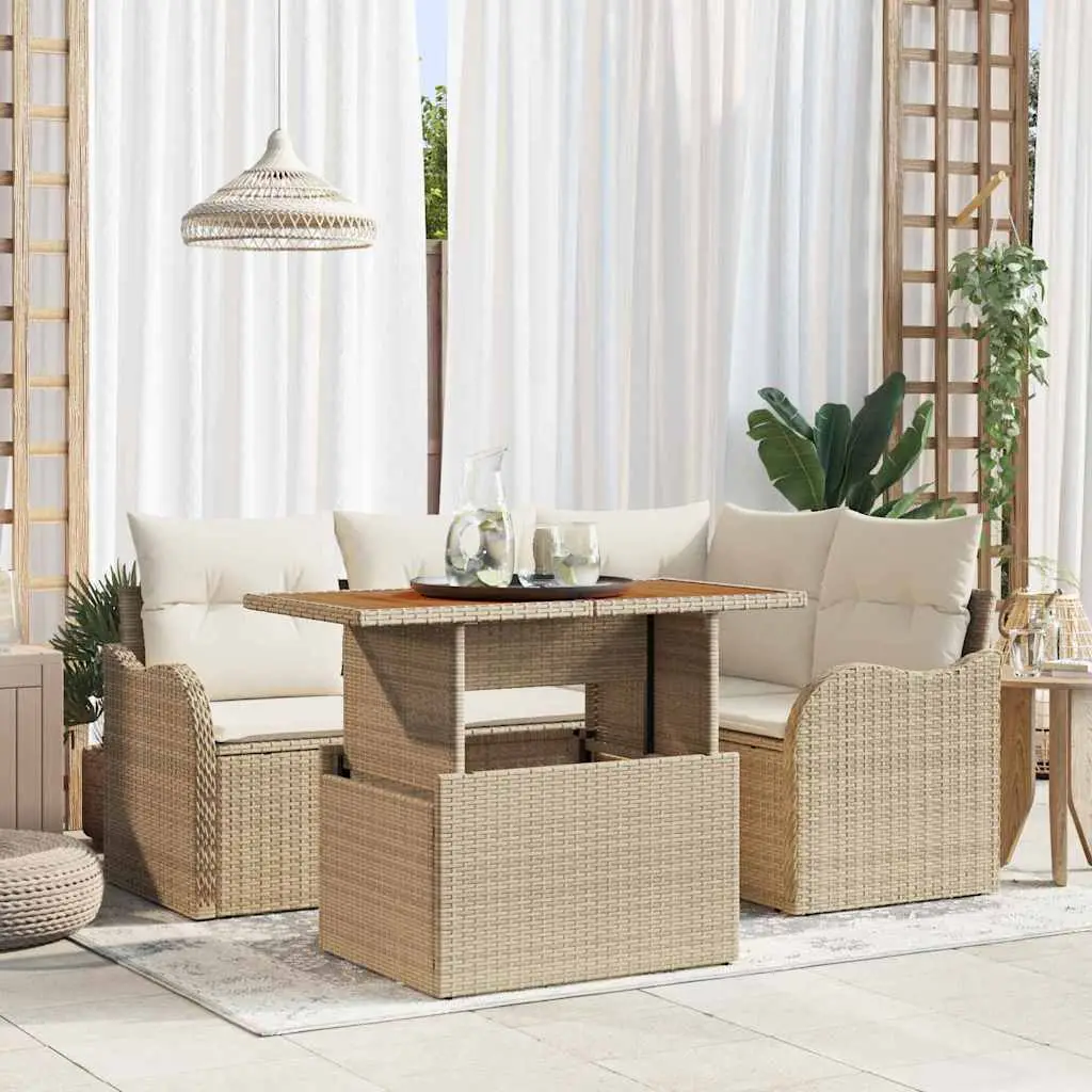 Ensemble Canapé Terrasse 5 Pièces Résine Beige – Table Acacia & Rangement Fonctionnel – Beige – ComfortXL Outdoor Living