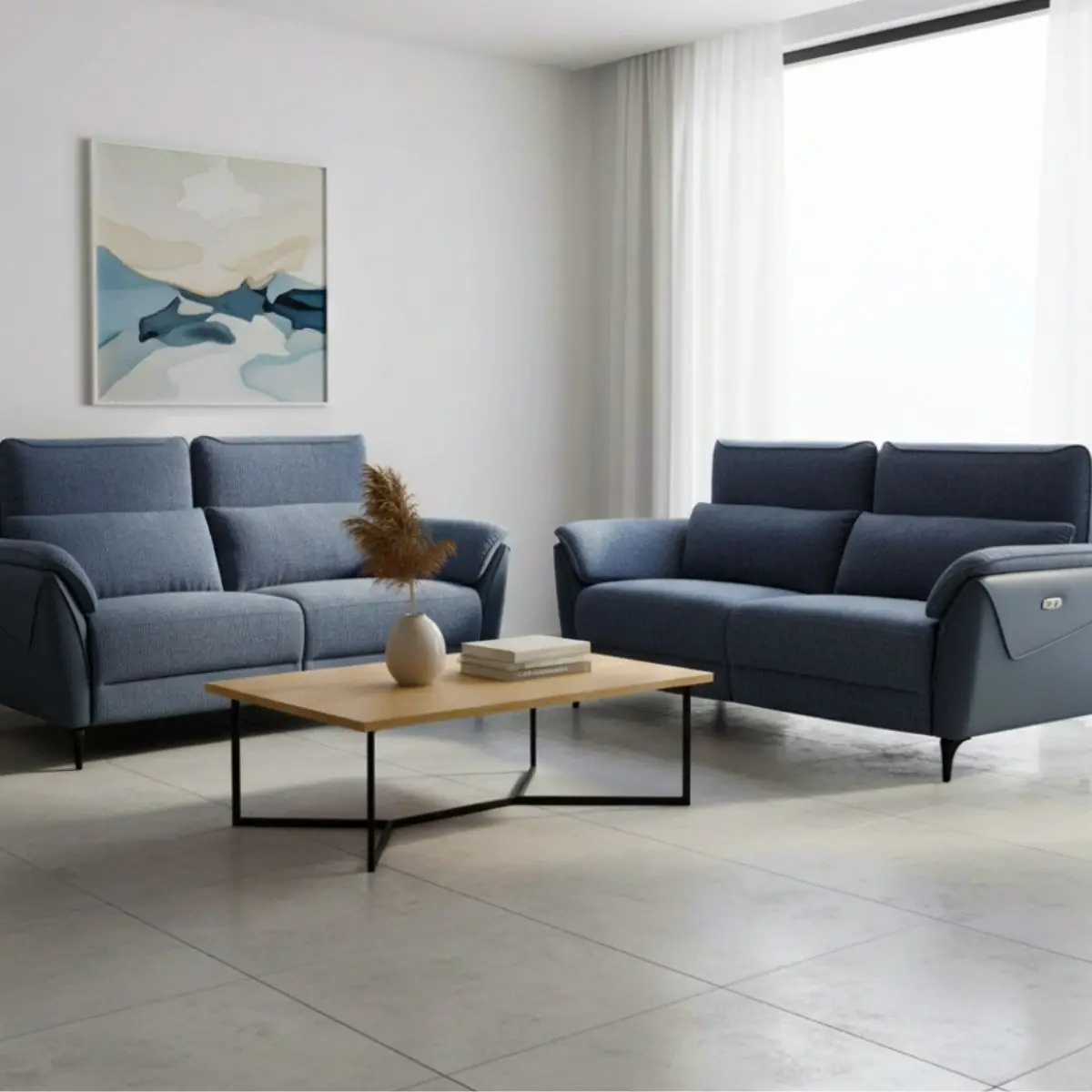 Ensemble canapé relax électrique 3 places + canapé fixe 2 places bi-matière bleu – CELESTE