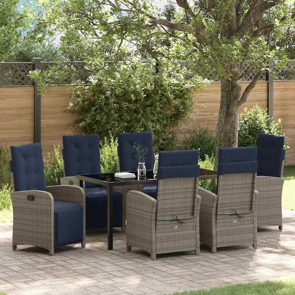 Ensemble de repas extérieur 7 pcs polyrotin 6 chaises réglables et table verre Gris – ComfortXL Outdoor Living
