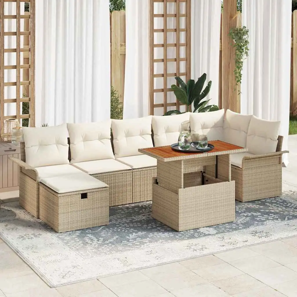 Ensemble de Jardin 7 Places 8 pcs en Polyrotin et Bois d’Acacia Massif Beige – ComfortXL Outdoor Living