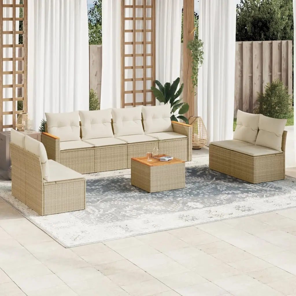Ensemble de Jardin XXL 9 pcs Résine Tressée Beige avec Table et Coussins Blanc Crème – ComfortXL Outdoor Living
