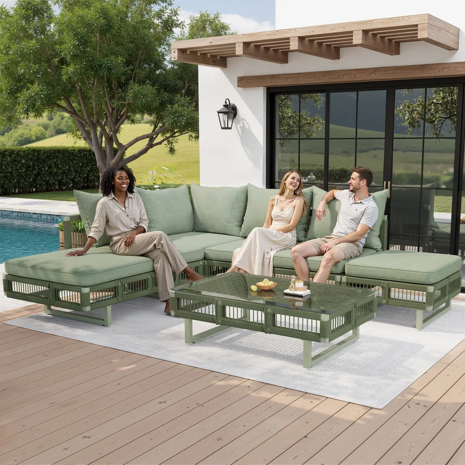Ensemble de mobilier de jardin avec pieds réglables, coussins de 10 cm d’épaisseur et table basse en verre, vert