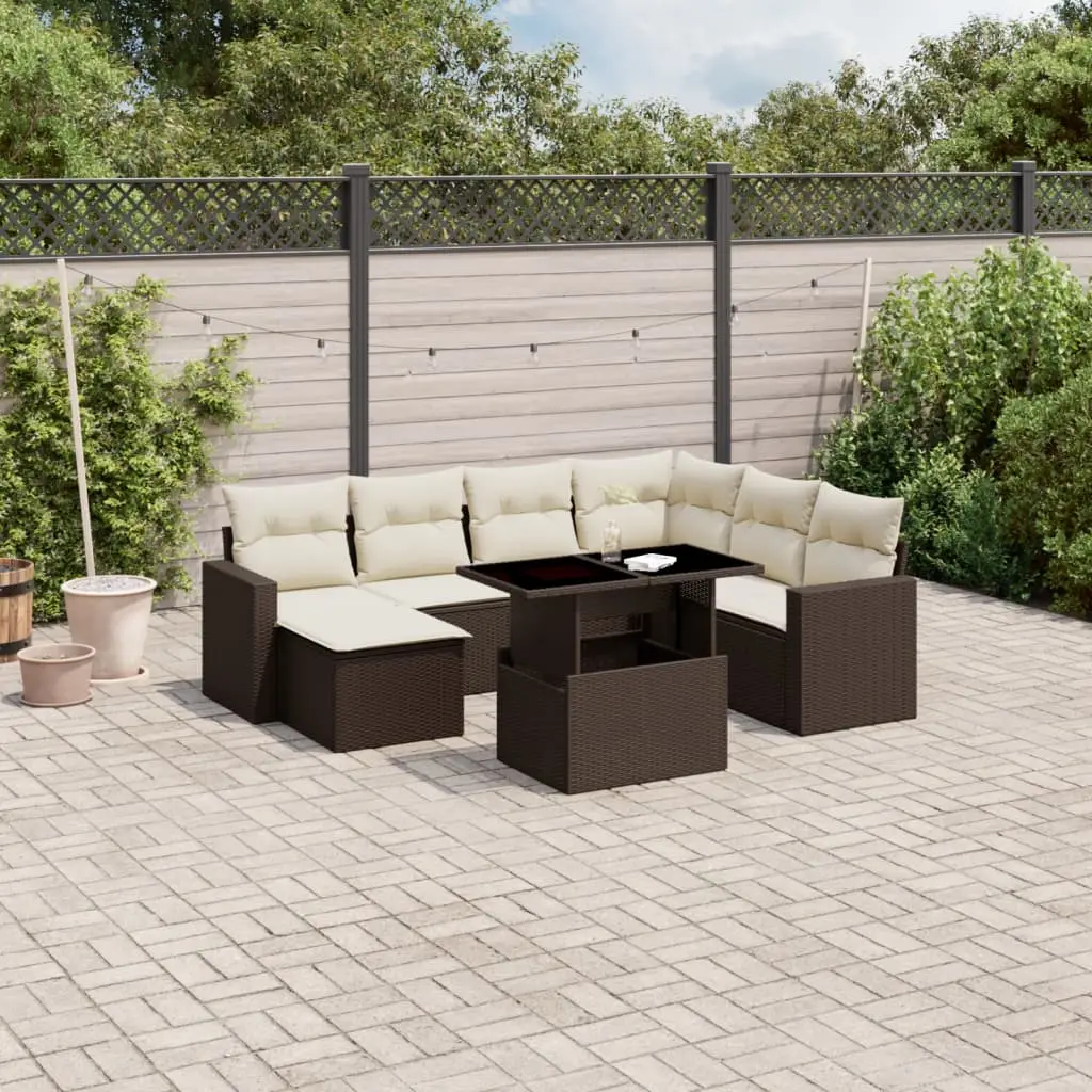 Ensemble de jardin 8 personnes résine tressée table relevable et pouf marron – ComfortXL Outdoor Living