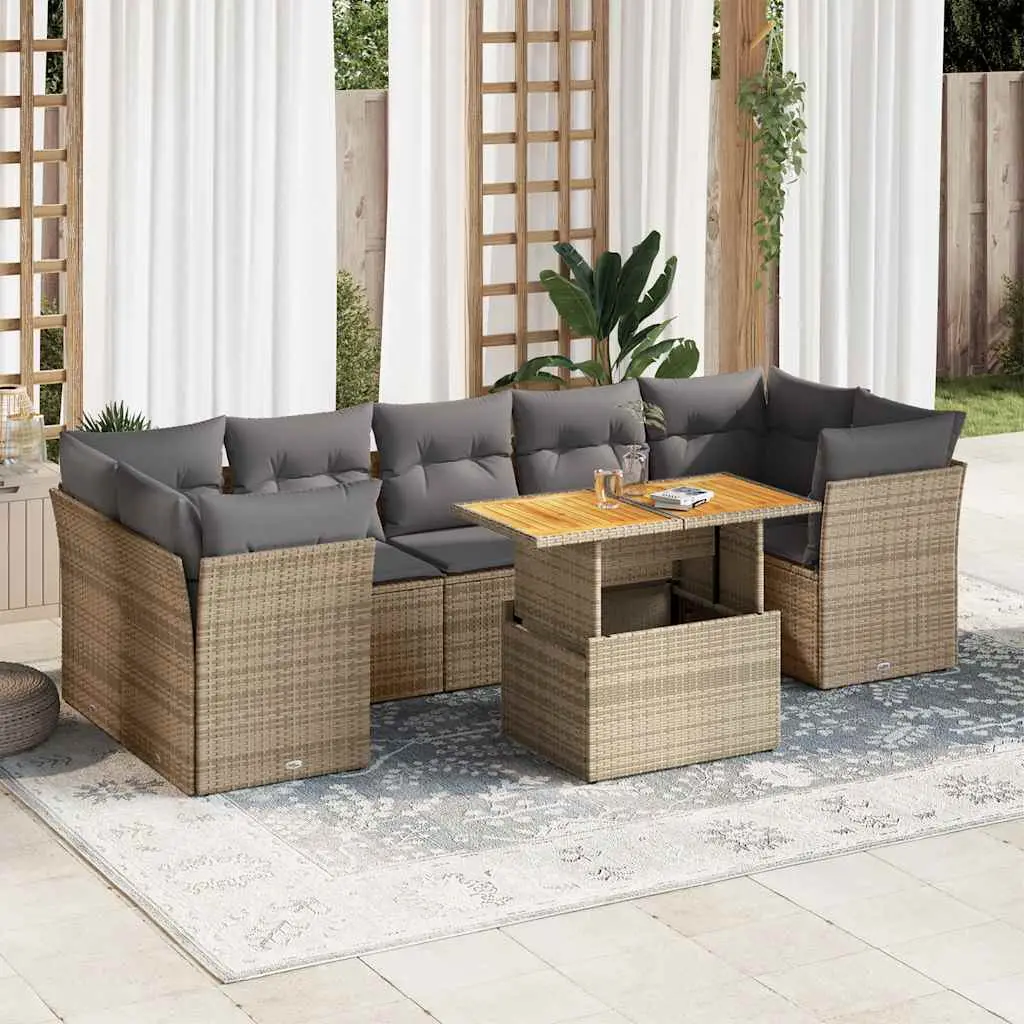 Ensemble de jardin 8 places beige résine tressée et bois avec table relevable et coffres – ComfortXL Outdoor Living