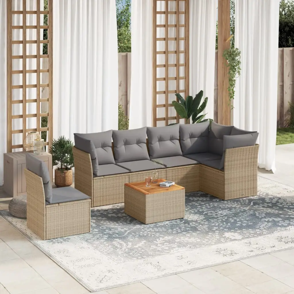 Ensemble de jardin 7 places résine tressée modulable avec table basse Beige Coussins Gris Clair – ComfortXL Outdoor Living