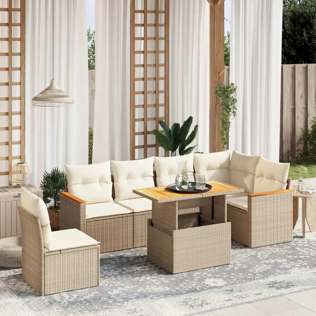 Ensemble de jardin 7 éléments résine tressée modulable avec table réglable Beige – ComfortXL Outdoor Living