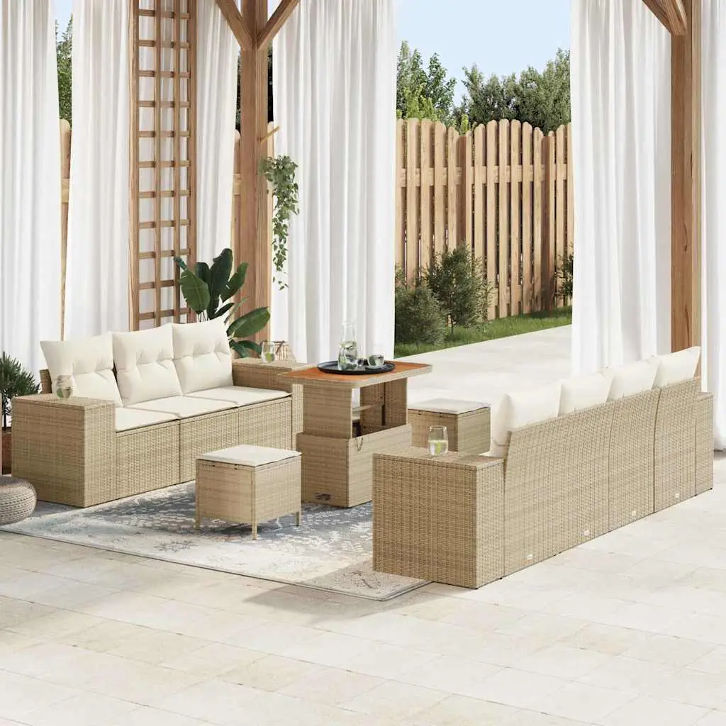 Ensemble de jardin 9 places poly rotin et bois modulable et ajustable Beige – ComfortXL Outdoor Living
