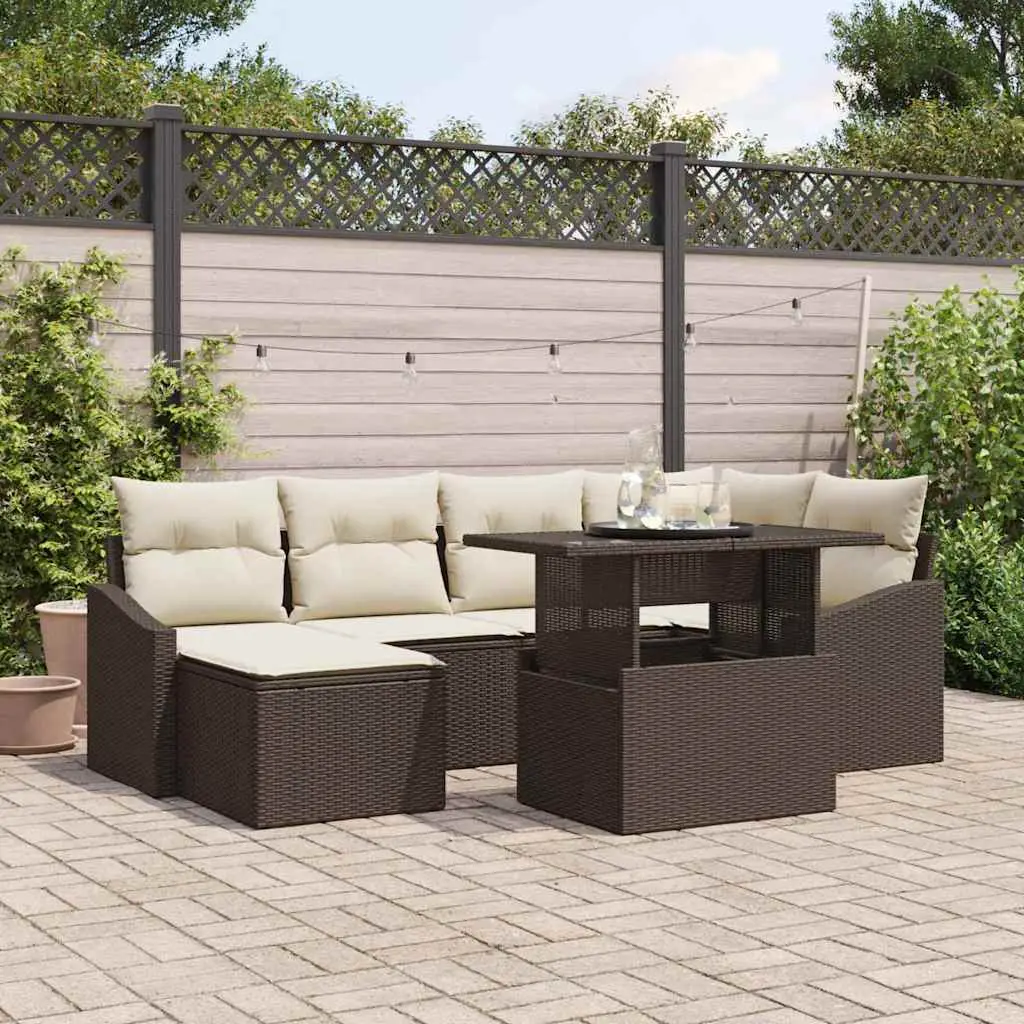 Ensemble Canapé et Repose-Pieds 7 Pièces Marron et Crème Résine Tressée – ComfortXL Outdoor Living