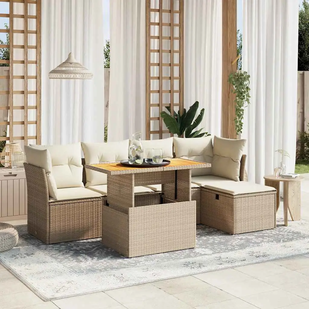 Ensemble de Jardin 6p Résine Tressée Beige Table Bois d’Acacia Ajustable – ComfortXL Outdoor Living