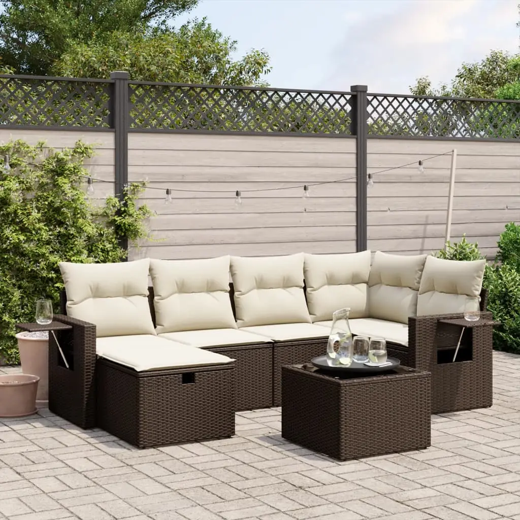 Ensemble de jardin 7 places avec rangement et table basse en verre Marron – ComfortXL Outdoor Living